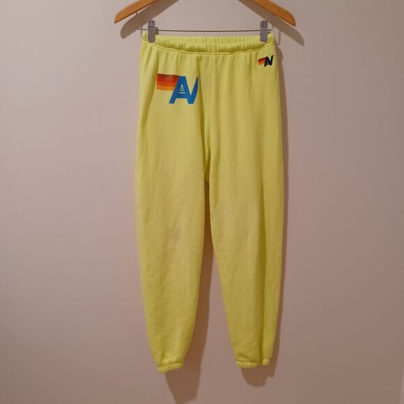 Aviator Nation Signature Logo Jogger Sweatpants Neon Yellow XS Bolt Stripe Retro - Picture 2 of 9
